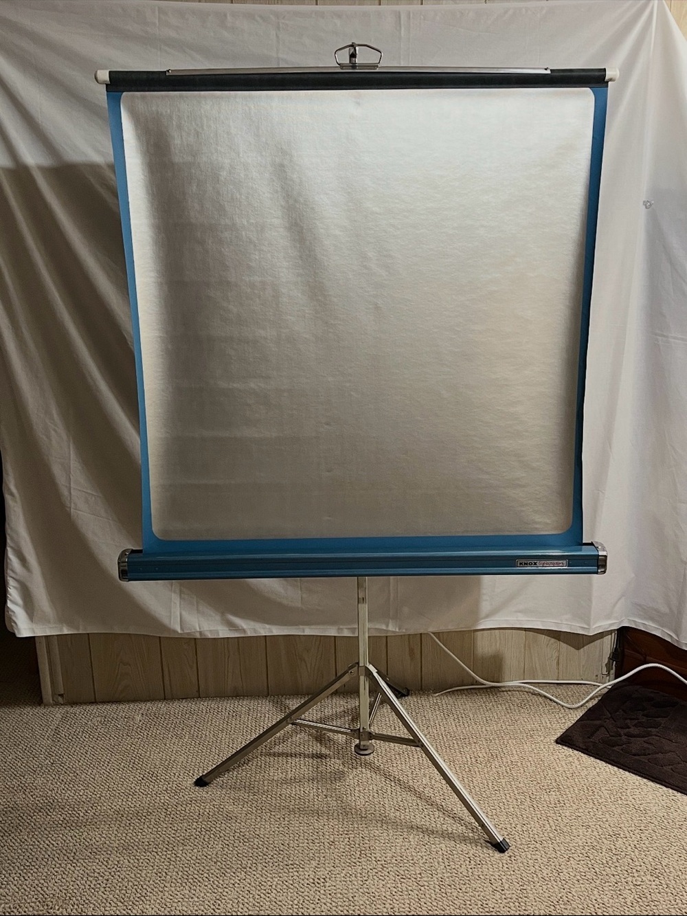 Vintage Tripod Projection Screen in Blue and White